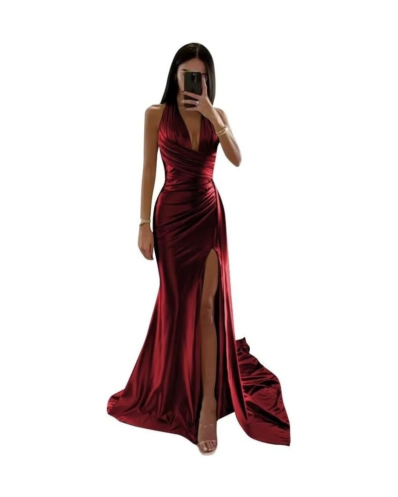 Halter Satin Bridesmaid Dresses Long with Slit Ruched Mermaid Prom Dress Formal Gown Burgundy $36.80 Dresses