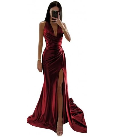 Halter Satin Bridesmaid Dresses Long with Slit Ruched Mermaid Prom Dress Formal Gown Burgundy $36.80 Dresses