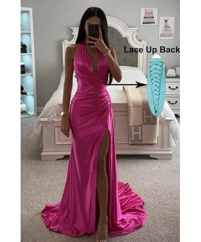 Halter Satin Bridesmaid Dresses Long with Slit Ruched Mermaid Prom Dress Formal Gown Burgundy $36.80 Dresses