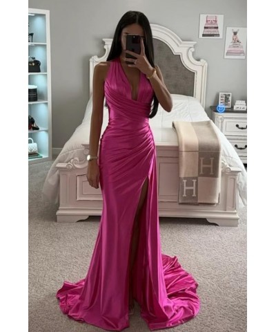 Halter Satin Bridesmaid Dresses Long with Slit Ruched Mermaid Prom Dress Formal Gown Burgundy $36.80 Dresses