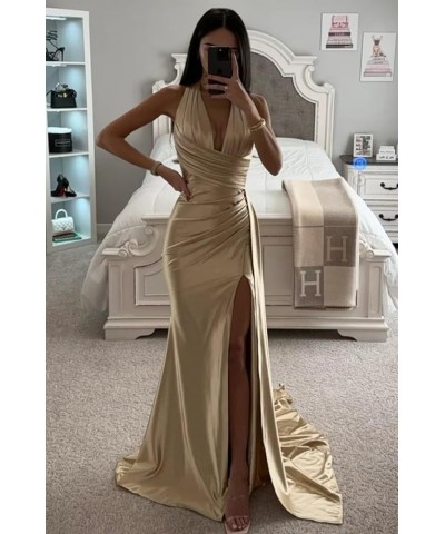 Halter Satin Bridesmaid Dresses Long with Slit Ruched Mermaid Prom Dress Formal Gown Burgundy $36.80 Dresses