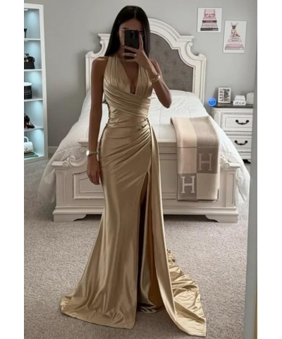 Halter Satin Bridesmaid Dresses Long with Slit Ruched Mermaid Prom Dress Formal Gown Burgundy $36.80 Dresses