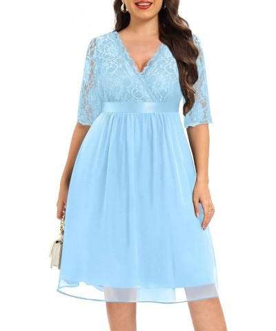 Plus Size Lace Chiffon Wrap V Neck Dresses Women Cocktail Wedding Guest Midi Dress Light Blue $28.80 Dresses