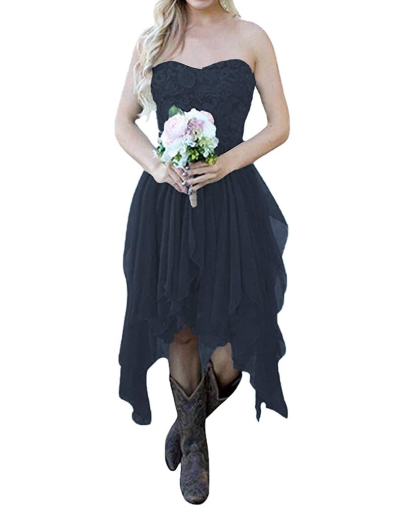 High Low Bridesmaid Dresses Cocktail Party Dress Lace Wedding Guest Dress Short Evening Formal Gowns Dark Navy $28.80 Dresses