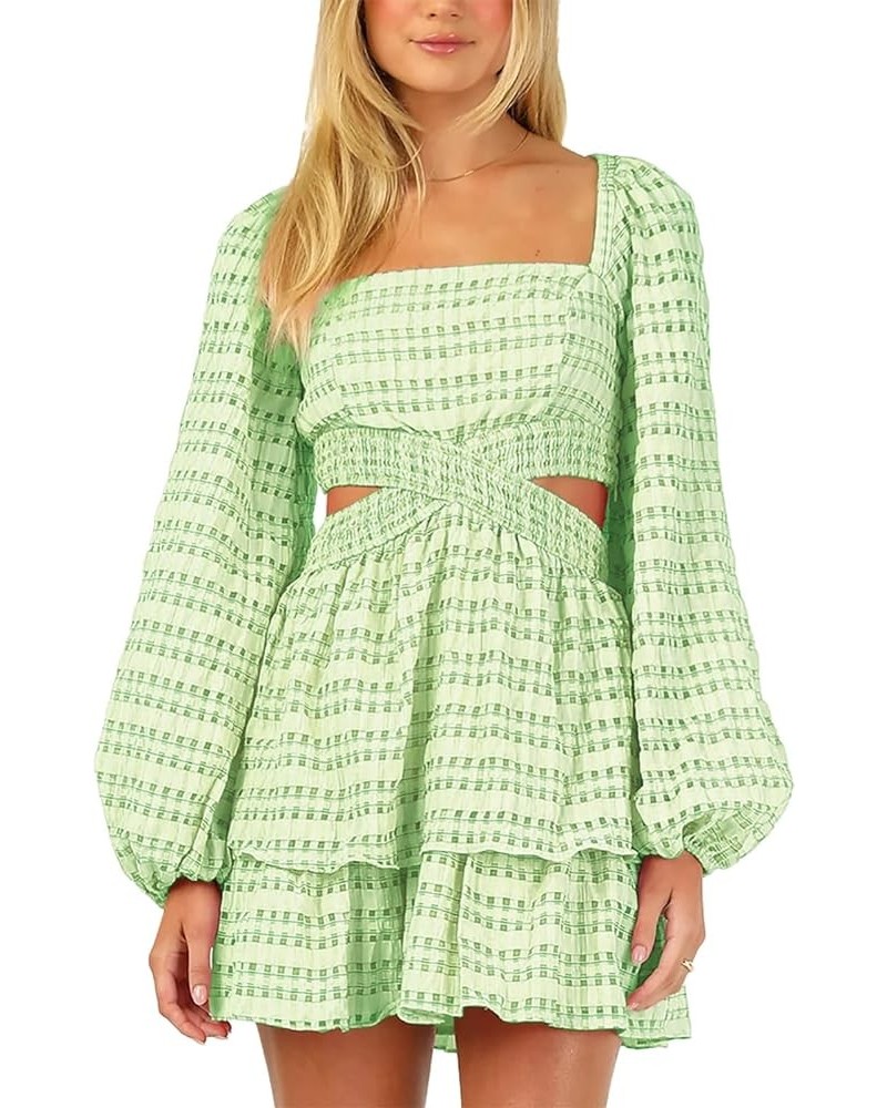 2023 Summer Dresses for Women Square Neck Crossover Waist Long Sleeve Dress Party Club Mini Dress Green Plaid $24.95 Dresses