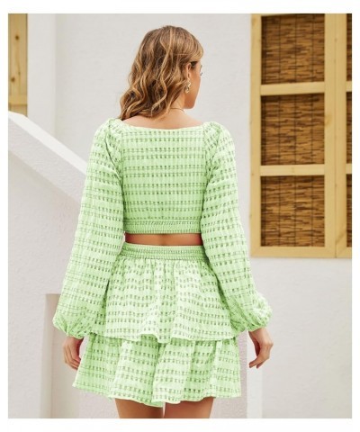 2023 Summer Dresses for Women Square Neck Crossover Waist Long Sleeve Dress Party Club Mini Dress Green Plaid $24.95 Dresses