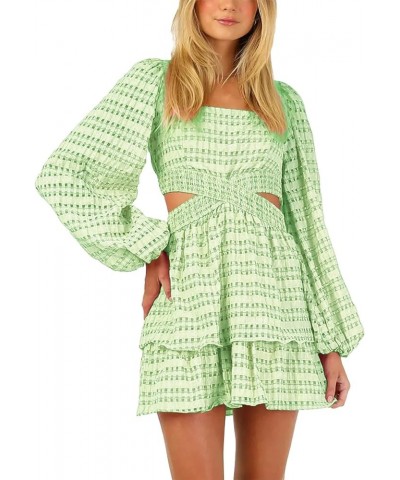 2023 Summer Dresses for Women Square Neck Crossover Waist Long Sleeve Dress Party Club Mini Dress Green Plaid $24.95 Dresses