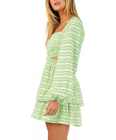 2023 Summer Dresses for Women Square Neck Crossover Waist Long Sleeve Dress Party Club Mini Dress Green Plaid $24.95 Dresses