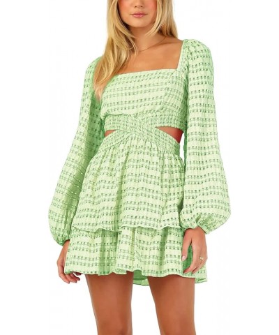 2023 Summer Dresses for Women Square Neck Crossover Waist Long Sleeve Dress Party Club Mini Dress Green Plaid $24.95 Dresses