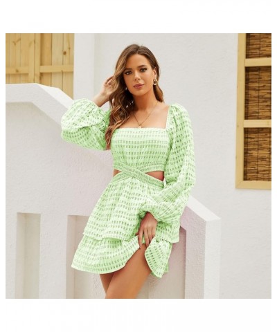 2023 Summer Dresses for Women Square Neck Crossover Waist Long Sleeve Dress Party Club Mini Dress Green Plaid $24.95 Dresses