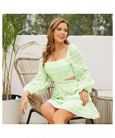 2023 Summer Dresses for Women Square Neck Crossover Waist Long Sleeve Dress Party Club Mini Dress Green Plaid $24.95 Dresses