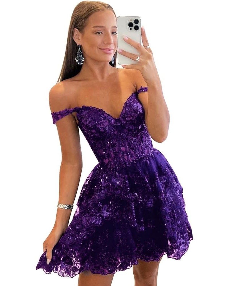 Off Shoulder Sequin Homecoming Dresses 2024 Tiered Lace Short Prom Dress for Teens Sparkly Cocktail Party Gown Grape $36.54 D...