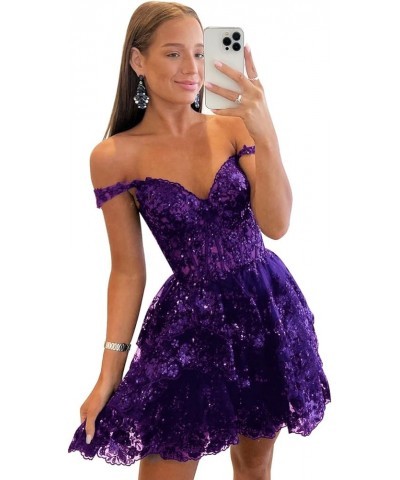 Off Shoulder Sequin Homecoming Dresses 2024 Tiered Lace Short Prom Dress for Teens Sparkly Cocktail Party Gown Grape $36.54 D...