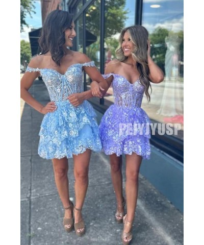 Off Shoulder Sequin Homecoming Dresses 2024 Tiered Lace Short Prom Dress for Teens Sparkly Cocktail Party Gown Grape $36.54 D...