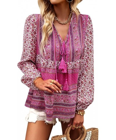 Women's Casual Boho V Neck Top Loose Floral Printed Long Sleeve Beach Shirts Blouses Pink-2013 $19.76 Tops