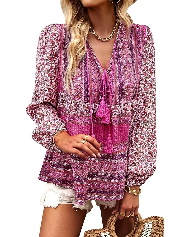 Women's Casual Boho V Neck Top Loose Floral Printed Long Sleeve Beach Shirts Blouses Pink-2013 $19.76 Tops