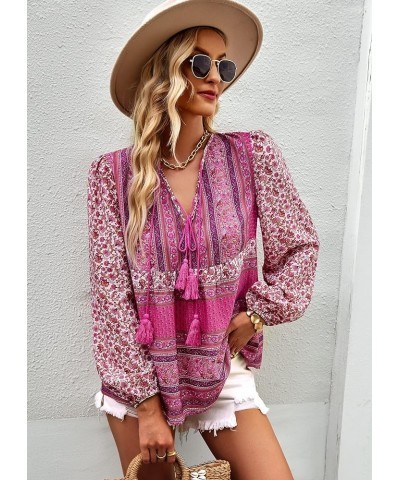 Women's Casual Boho V Neck Top Loose Floral Printed Long Sleeve Beach Shirts Blouses Pink-2013 $19.76 Tops