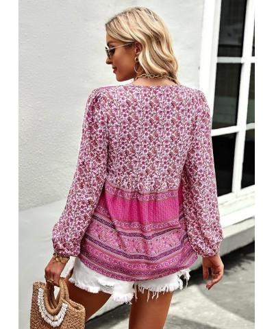 Women's Casual Boho V Neck Top Loose Floral Printed Long Sleeve Beach Shirts Blouses Pink-2013 $19.76 Tops