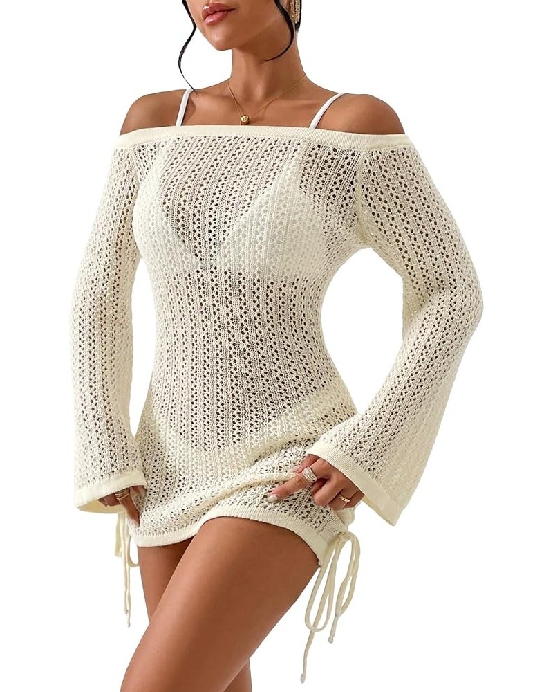 Women's Hollow Out Cover Up Dress Drawstring Side Off Shoulder Long Sleeve Beach Dress Beige $15.84 Swimsuits