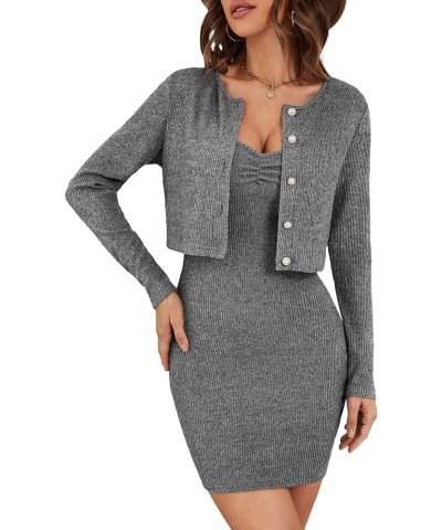 Women's 2 Piece Outfit Solid Knit Bodycon Cami Dress with Crop Cardigan Set Grey $19.59 Jumpsuits