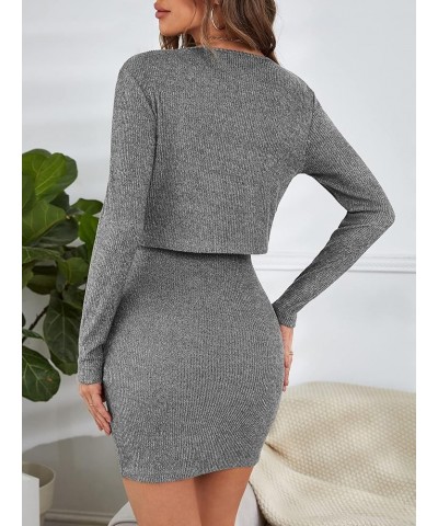 Women's 2 Piece Outfit Solid Knit Bodycon Cami Dress with Crop Cardigan Set Grey $19.59 Jumpsuits