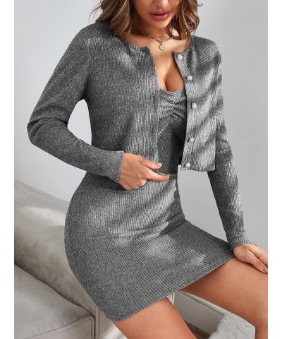 Women's 2 Piece Outfit Solid Knit Bodycon Cami Dress with Crop Cardigan Set Grey $19.59 Jumpsuits