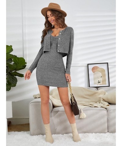 Women's 2 Piece Outfit Solid Knit Bodycon Cami Dress with Crop Cardigan Set Grey $19.59 Jumpsuits