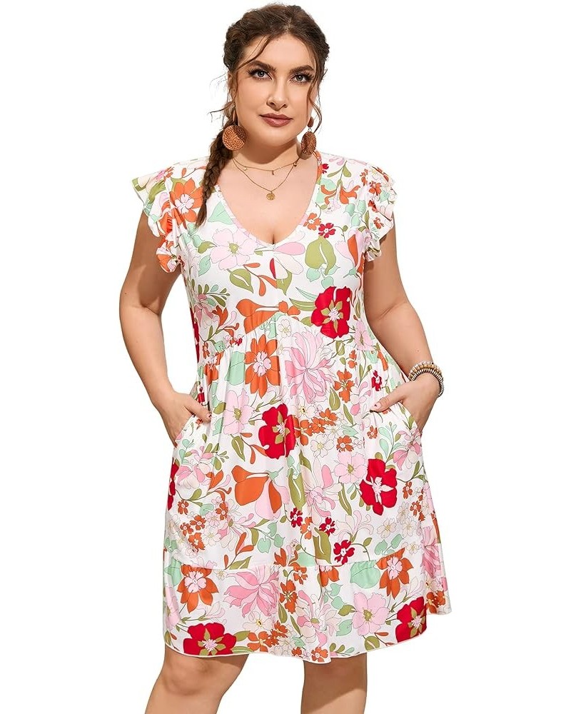 Womens Plus Size Casual V Neck Dress V Neck Loose Swing Ruffle Summer Boho Midi Dress with Pockets Red Pink Flower $16.28 Dre...