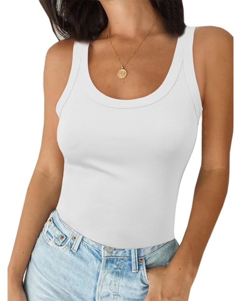 Ribbed Tank Top for Women Summer Fitted Basic Cami Sleeveless Tops Scoop Neck Shirt White $12.47 Tanks