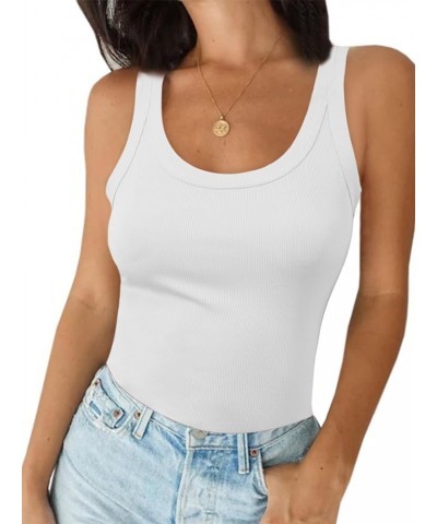 Ribbed Tank Top for Women Summer Fitted Basic Cami Sleeveless Tops Scoop Neck Shirt White $12.47 Tanks