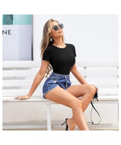 Women's Short Sleeve Bodysuits V Neck T Shirt Round Neck Going out Tops for Women Thong Jumpsuits Black-round Neck $13.10 Bod...