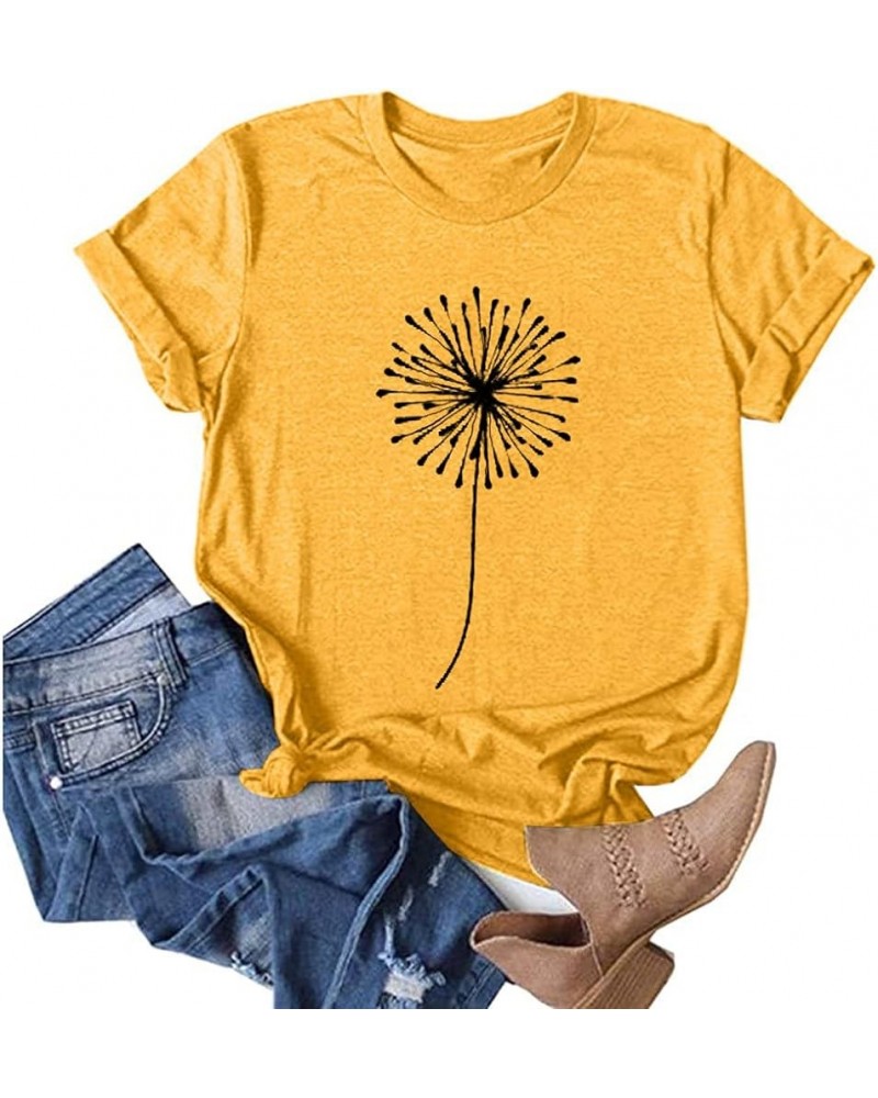 2023 Summer Women Crew Neck Casual Floral Sunflower Tops Short Sleeve Tees Shirts Cotton Blouses A-yellow $9.82 T-Shirts