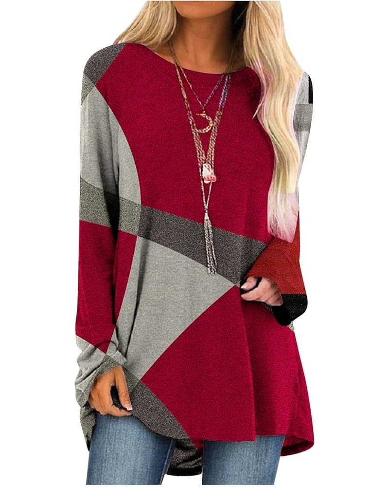 2024 Long Sleeve Shirts for Women Trendy Geometry Printed Tops Casual Loose Color Block Crewneck Pullover Sweatshirts C-red $...