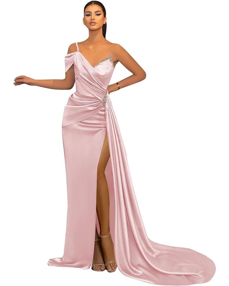 Women's One Shoulder Prom Dresses for Teens Corset Satin Ball Gown Long Slit Wedding Guest Formal Dress Blush Pink $45.89 Dre...