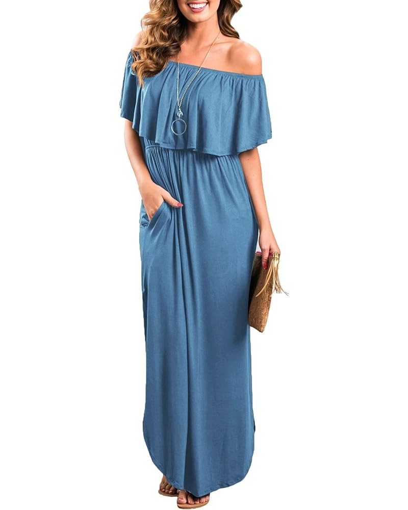 Womens Off The Shoulder Ruffle Party Dress Casual Side Split Beach Long Maxi Dresses with Pockets Fogblue $21.58 Dresses