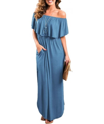 Womens Off The Shoulder Ruffle Party Dress Casual Side Split Beach Long Maxi Dresses with Pockets Fogblue $21.58 Dresses