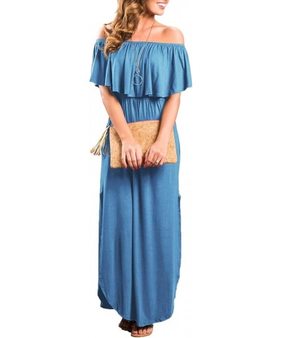 Womens Off The Shoulder Ruffle Party Dress Casual Side Split Beach Long Maxi Dresses with Pockets Fogblue $21.58 Dresses