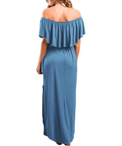 Womens Off The Shoulder Ruffle Party Dress Casual Side Split Beach Long Maxi Dresses with Pockets Fogblue $21.58 Dresses