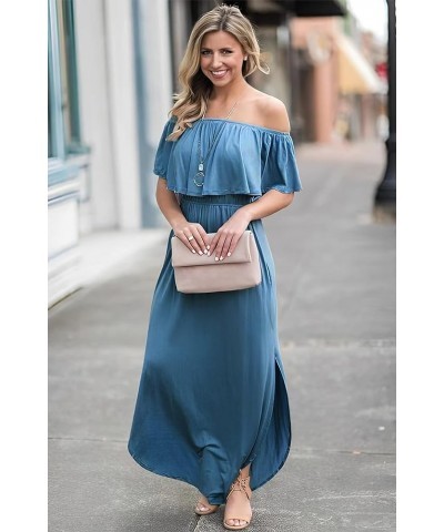 Womens Off The Shoulder Ruffle Party Dress Casual Side Split Beach Long Maxi Dresses with Pockets Fogblue $21.58 Dresses