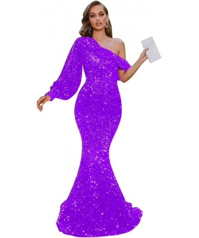 Sparkly Sequin Long Prom Dresses for Women One Shoulder Mermaid Formal Evening Party Gowns with Slit 2024 YO117 D-purple $29....