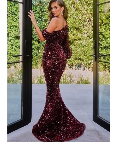 Sparkly Sequin Long Prom Dresses for Women One Shoulder Mermaid Formal Evening Party Gowns with Slit 2024 YO117 D-purple $29....