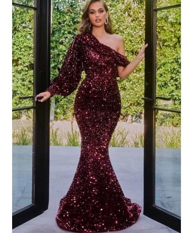 Sparkly Sequin Long Prom Dresses for Women One Shoulder Mermaid Formal Evening Party Gowns with Slit 2024 YO117 D-purple $29....