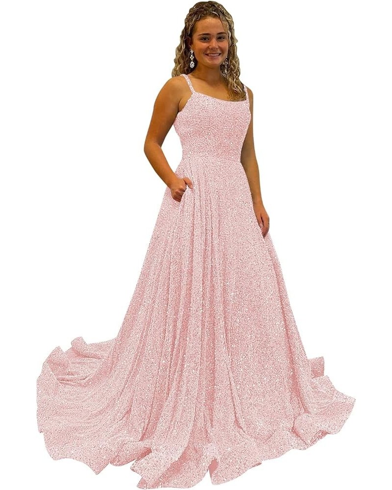 A Line Square Neck Sequins Prom Dress Sparkly Spaghetti Straps Long Ball Gowns with Pockets RS025 A-light Pink $40.84 Dresses