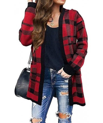 Womens Loose Long Sleeve Open Front Cardigan Knit Leopard Print Cozy Sweater Coat Outwear with Pockets Red Plaid $19.09 Sweaters