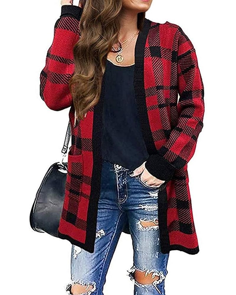 Womens Loose Long Sleeve Open Front Cardigan Knit Leopard Print Cozy Sweater Coat Outwear with Pockets Red Plaid $19.09 Sweaters