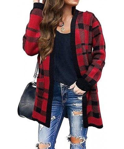 Womens Loose Long Sleeve Open Front Cardigan Knit Leopard Print Cozy Sweater Coat Outwear with Pockets Red Plaid $19.09 Sweaters