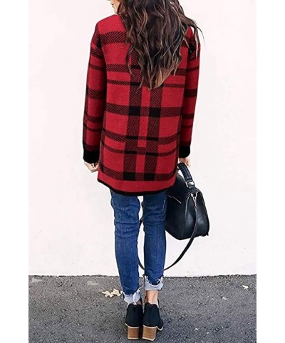 Womens Loose Long Sleeve Open Front Cardigan Knit Leopard Print Cozy Sweater Coat Outwear with Pockets Red Plaid $19.09 Sweaters