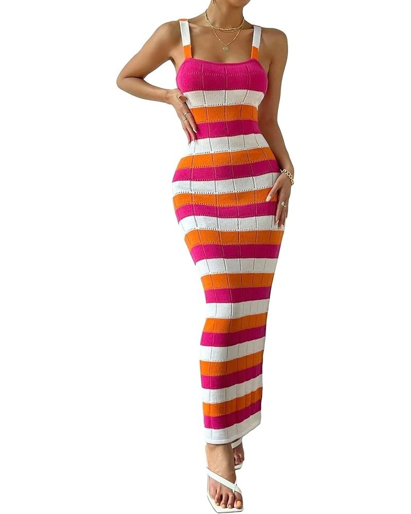 Women's Color Block Bodycon Maxi Dress Sleeveless Knitted Pencil Sweater Dresses Multicolor $23.93 Dresses