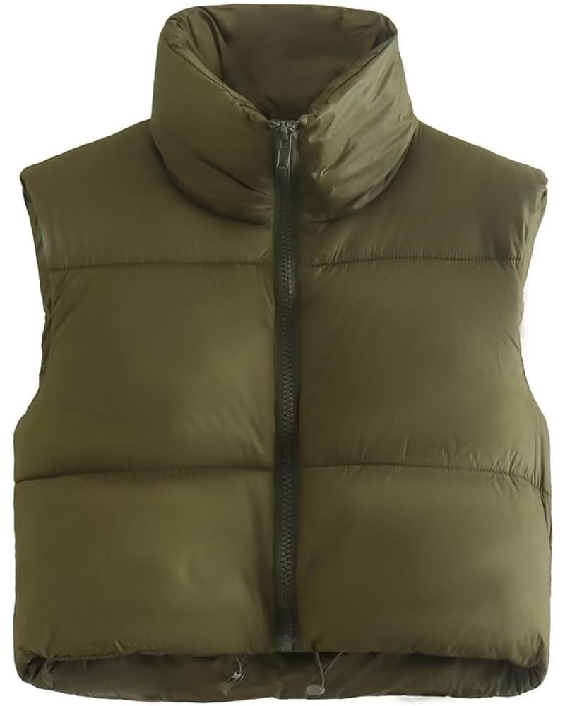 Womens Cropped Puffer Vest Stand Collar Zip Up Lightweight Winter Puffy Jacket Vests Outerwear Army Green $23.77 Vests