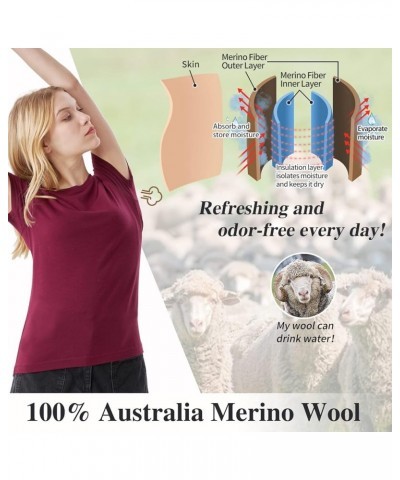 100% Merino Wool T Shirts Women Crew Neck Tops Short Sleeve Odor Resistance Base Layer Travel Hiking Tee Shirt Dark Red $26.5...